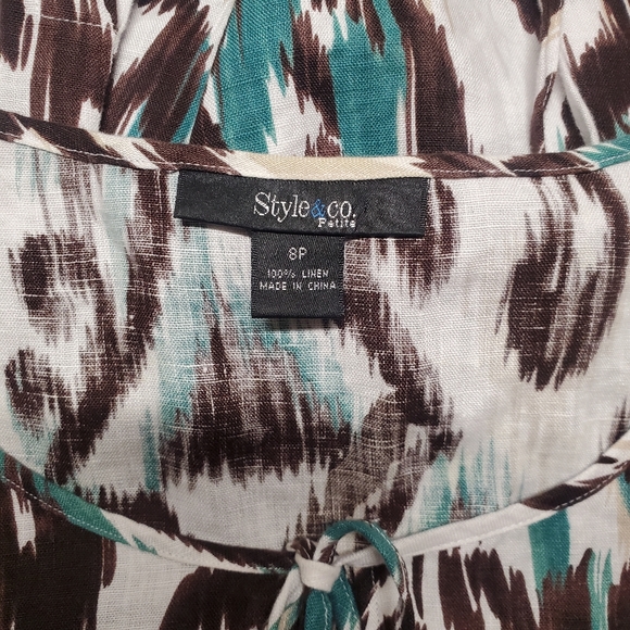 Style & Co Linen Top Womens Petite 8 Animal Print Tie Waist Long Sleeve - Picture 8 of 8